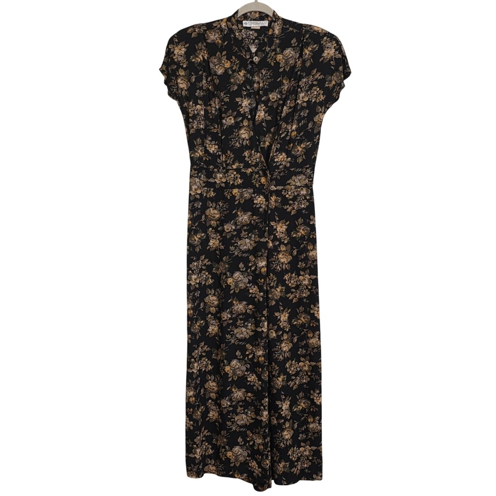 Eileen West Jumpsuit Women 12 Black Floral Wide Leg V-Neck Vintage 80 90s
